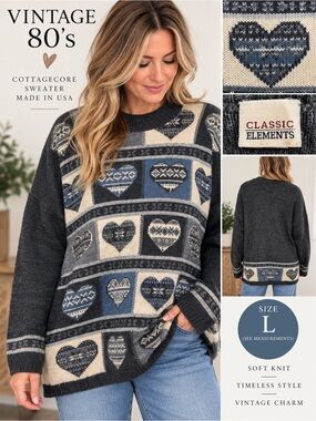 Vintage 80s Classic Elements Heart Fair Isle Sweater Made USA
